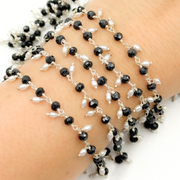 Black Spinel & Pearl Dangle  Silver Wire Chain